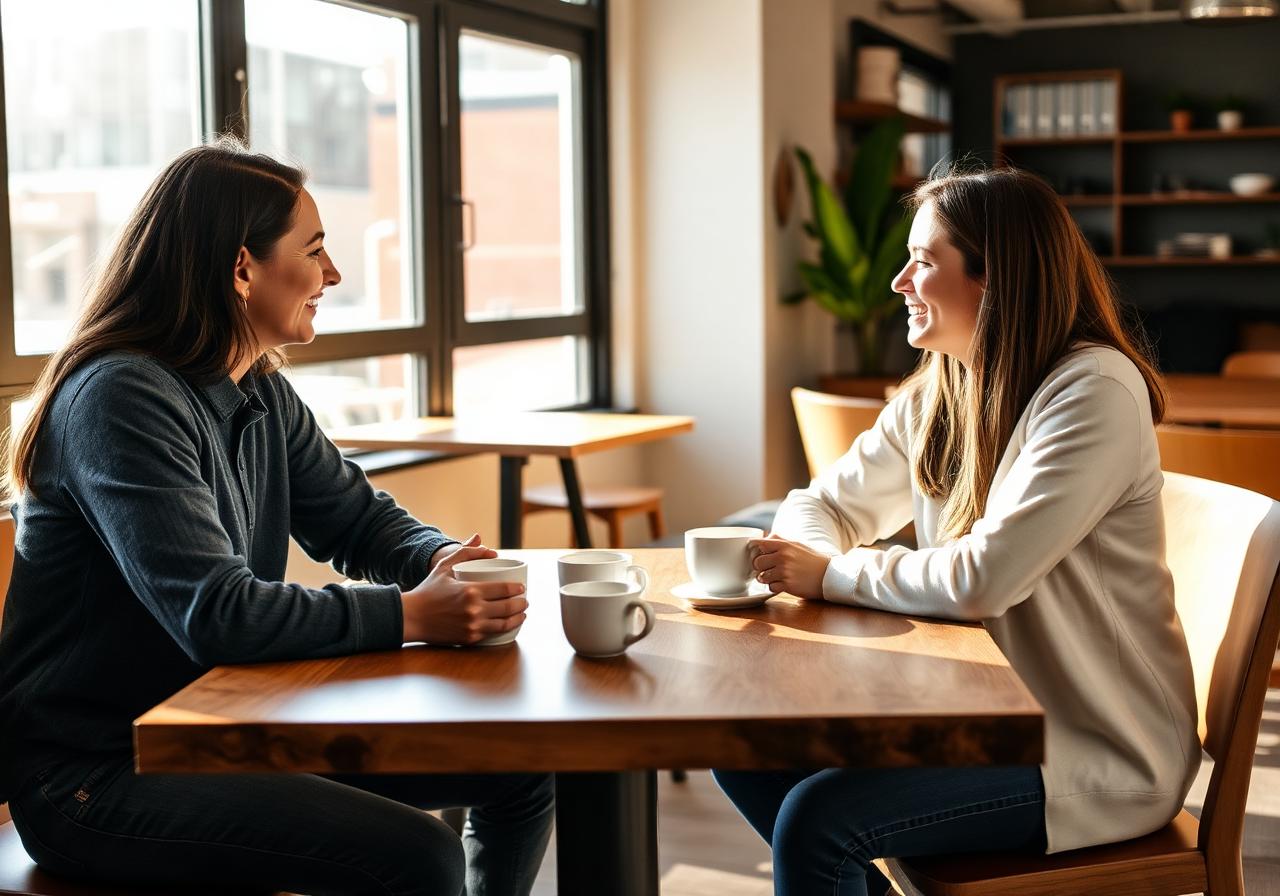 Two food entrepreneurs in a mentoring conversation over coffee