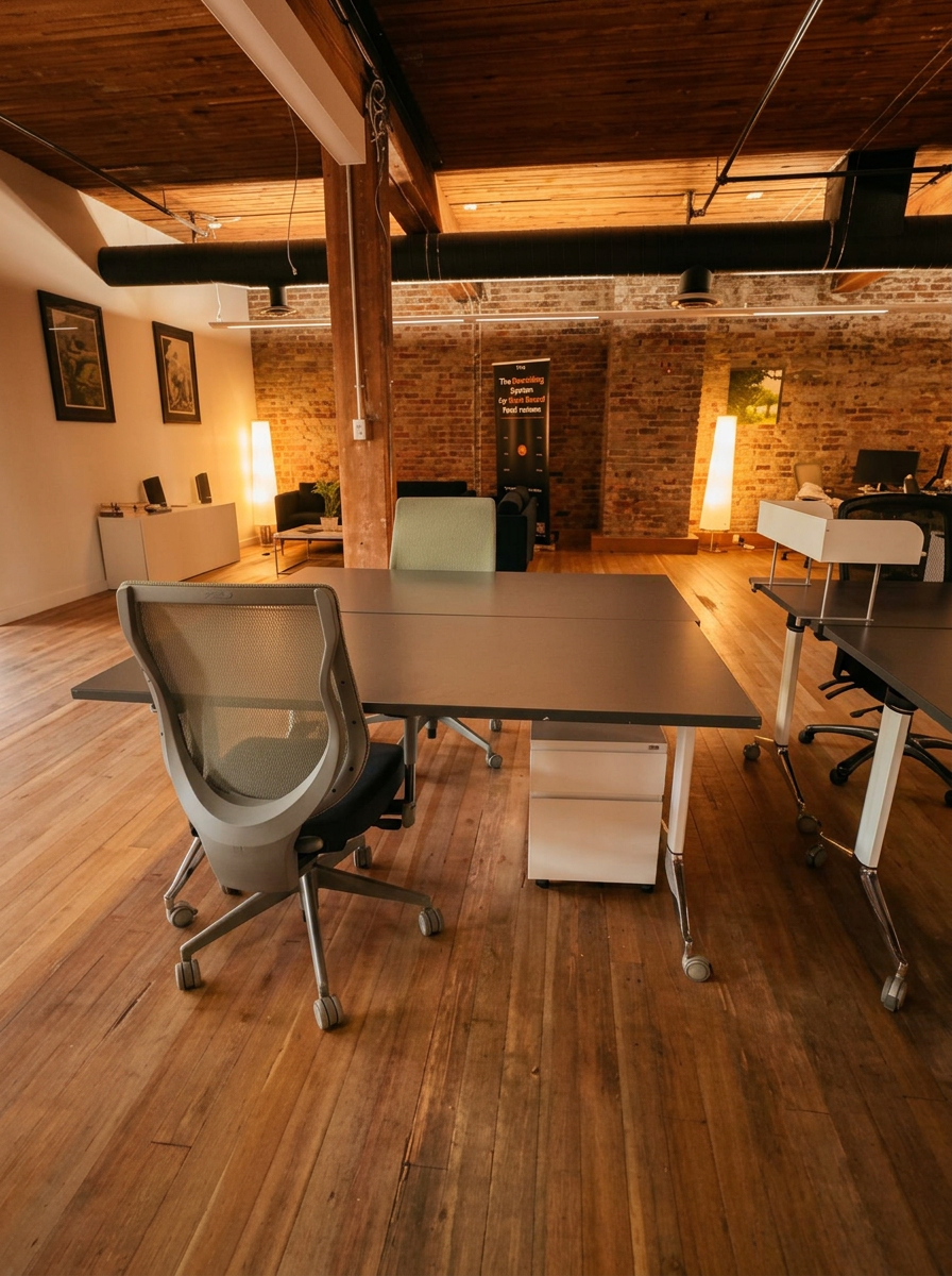 Dedicated desk workstation with monitor in a warm shared workspace