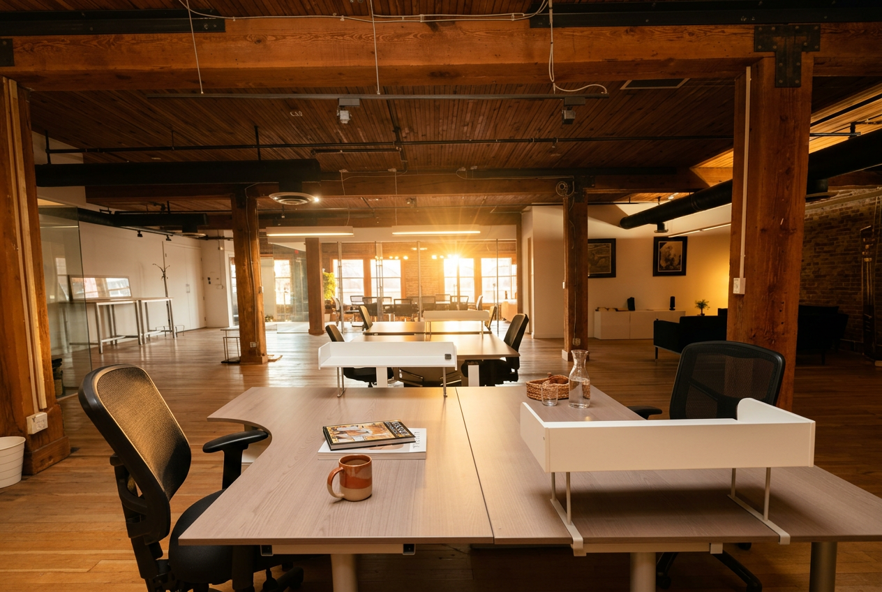 Open hot-desk seating area with shared tables and natural light
