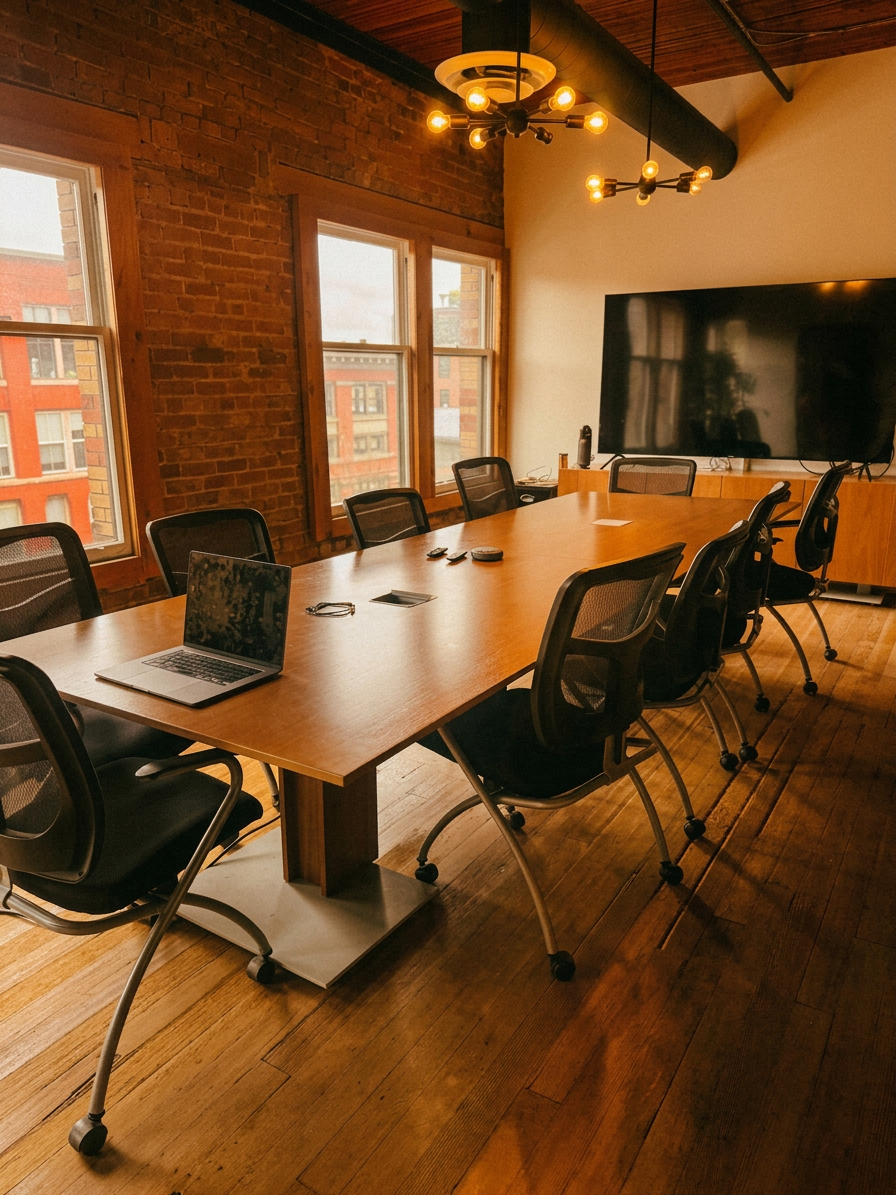 Boardroom with a large wooden table and floor-to-ceiling windows