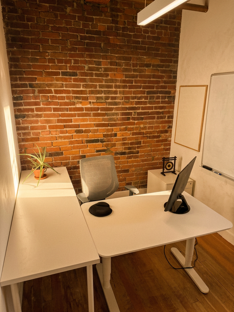 Private glass-walled team office with four people meeting
