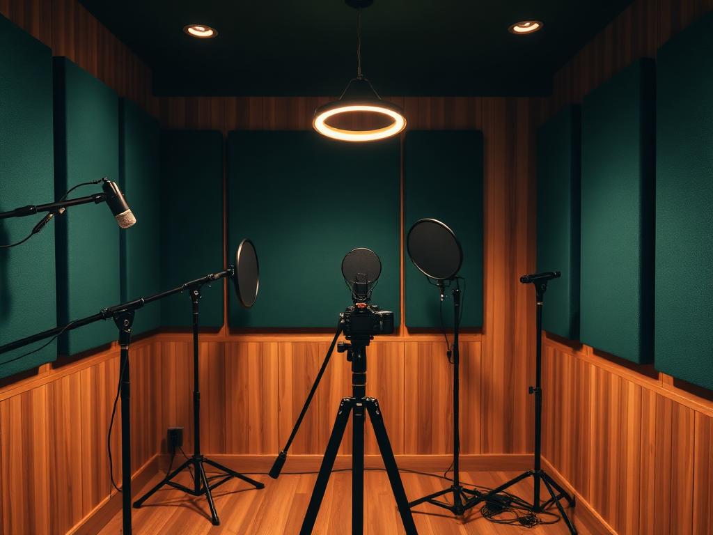 Photo and podcast studio with microphones, camera, and acoustic panels